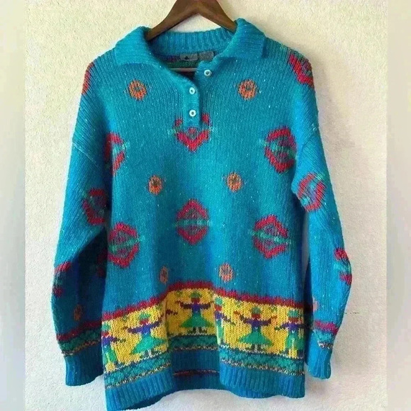 LizSport Womens S Wool Blend Turquoise Henley Long-sleeve‎ Sweater Aztec Western - Picture 1 of 9